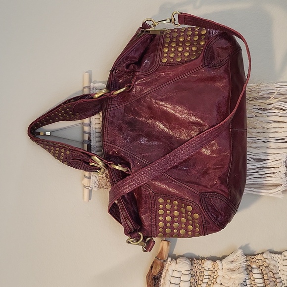Steven Steve Madden Oversized Studded Leather Satchel Crossbody Bag in Rasberry - Picture 1 of 16